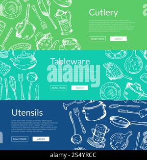 Vector horizontal web banners illustration with hand drawn kitchen utensils. Vector banners illustration with hand drawn kitchen utensils Stock Vector