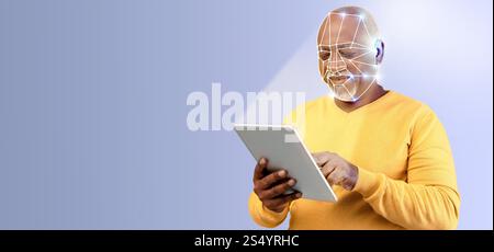 Man using modern technology for facial recognition on tablet device Stock Photo