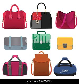 Beautiful handbags for women. Vector pictures set of fashion handbag and package for woman illustration. Beautiful handbags for women. Vector pictures set Stock Vector