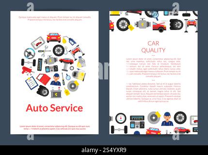Vector card, flyer or brochure template for auto service or courses with flat style car service elements illustration. Vector card, flyer or brochure template for auto service Stock Vector