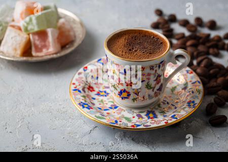 Turkish coffee with delight and traditional copper serving set Stock Photo
