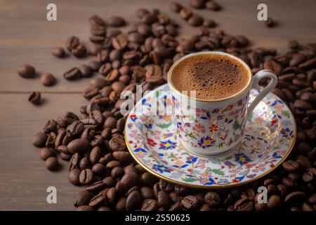Turkish coffee with delight and traditional copper serving set Stock Photo