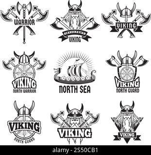 Sports and battle badges and labels with vikings and barbarian warriors. Monochrome pictures sport logo medieval emblem, warrior ancient on badge, knight military and barbarian. Vector illustration. Sports and battle badges and labels with vikings and barbarian warriors. Monochrome pictures Stock Vector