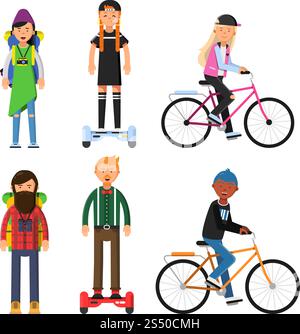 Hipsters make a trip. Bicycles riders. Vector characters set. Illustration of hipster rider on gyroscope or bicycle, healthy transport activity. Hipsters make a trip. Bicycles riders. Vector characters set Stock Vector