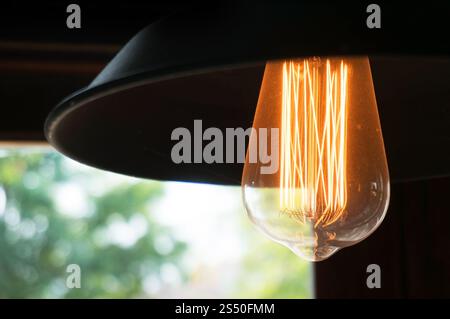 Decorative antique edison style light bulbs against window view background Stock Photo