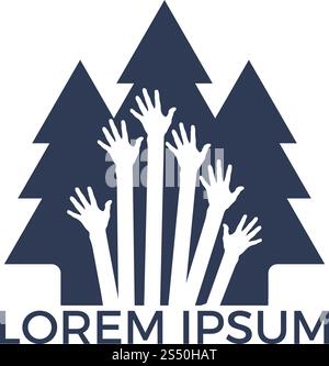 Protection tree logo design. Charity trees protection social event. Pine tree and hands icon. Stock Vector