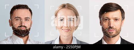 Diverse individuals showcasing facial recognition technology in a modern setting Stock Photo