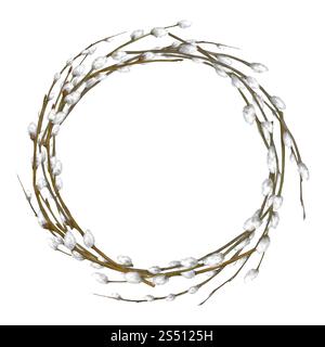 Willow wreath with fluffy buds. Watercolor digital illustration. Round frame of twigs, isolated on white background. Easter, boho and spring theme Stock Photo