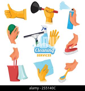 Colored symbols for cleaning service. Hands holding different tools. Vector wash tool equipment in hand illustration. Colored symbols for cleaning service. Hands holding different tools Stock Vector