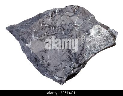 macro shooting of natural mineral rock specimen - raw shungite shale stone isolated on white background from Tolvuya district, Karelia, Russia Stock Photo