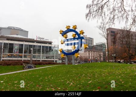 FRANKFURT (MAIN), GERMANY - DECEMBER 1, 2024: The iconic Euro sign sculpture stands on Willy-Brandt-Platz in Frankfurt am Main, Germany, under a grey, Stock Photo