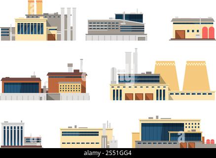 Industrial factory and manufacturing plant exterior flat vector icons for industry concept. Illustration exterior industry plant, building industrial. Industrial factory and manufacturing plant exterior flat vector icons for industry concept Stock Vector
