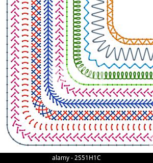 Stitched pattern brushes. Seamless seam borders and sewing dividers vector set. Illustration of stitch embellishment corner. Stitched pattern brushes. Seamless seam borders and sewing dividers vector set Stock Vector