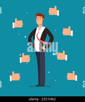 Cartoon proud employee with many thumbs up hands of businessmen. Business recognition vector concept. Illustration of leader character, compliment and achievement, like and accomplishment. Cartoon proud employee with many thumbs up hands of businessmen. Business recognition vector concept Stock Vector