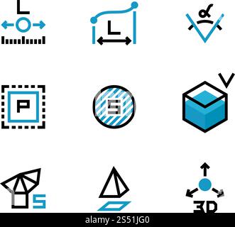 Square area, size, surface areas, 3d dimension, angle and perimeter measuring vector icons isolate. Illustration of symbol acreage, , measurement icon. Square area, size, surface areas, 3d dimension, angle and perimeter measuring vector icons isolate Stock Vector