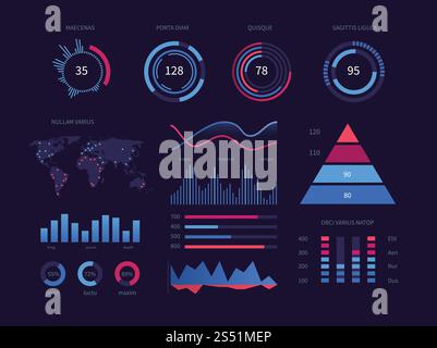 Intelligent technology hud interactive panel. Data screen with charts, diagrams. Vector futuristic ui infographics on dark background. Illustration of graphic on tech panel, interactive data graph. Intelligent technology hud interactive panel. Data screen with charts, diagrams. Vector futuristic ui infographics on dark background Stock Vector