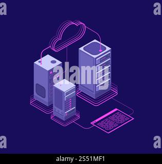Network hosting solutions, datacenter with services, website administrative support vector isometric concept. Illustration of computer database system cloud. Network hosting solutions, datacenter with services, website administrative support vector isometric concept Stock Vector