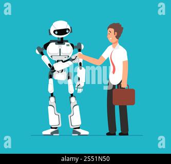 Businessman shaking robots hand. Artificial intelligence, human vs robot vector futuristic background. Illustration of robotic future cyborg and man. Businessman shaking robots hand. Artificial intelligence, human vs robot vector futuristic background Stock Vector