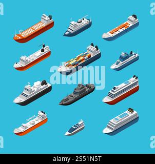 Isometric 3d military and passenger ships, boat and yacht vector sea transportation and shipping icons isolated. Transport water travel, boat ship and vessel cruise illustration. Isometric 3d military and passenger ships, boat and yacht vector sea transportation and shipping icons isolated Stock Vector