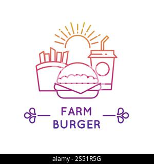 Colorful fast food restaurant and cafe vector logo in linear style. Fresh burger, drink and potato isolated on white background illustration. Fast food restaurant and cafe vector logo. Fresh burger, drink and potato Stock Vector
