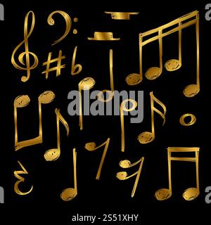 Golden music notes and signs of set isolated on black background. Vector illustration. Golden music notes and signs isolated on black background Stock Vector