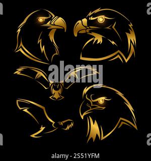 Golden eagle, hawk vector mascots set. Shine eagles vector isolated on black background illustration. Golden eagle, hawk vector mascots set Stock Vector