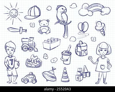 Sketch of kids dreams. Hand drawn girl, boy, toys on notebook page. Vector illustration. Sketch of kids dreams. Hand drawn girl, boy, toys Stock Vector