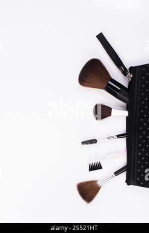 Makeup Brushes in comestic bag isolated on white background. Stock Photo