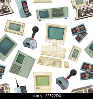 Seamless pattern with different vintage computers and gadgets. Retro technology equipment device for game and play. Vector illustration. Seamless pattern with different vintage computers and gadgets Stock Vector