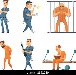 Characters set of guards and prisoners. Vector police security guard and character prisoner person illustration. Characters set of guards and prisoners Stock Vector