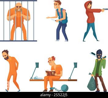 Criminals and prisoners. Set of characters in cartoon style. Vector criminal man, character prisoner in uniform illustration. Criminals and prisoners. Set of characters in cartoon style Stock Vector