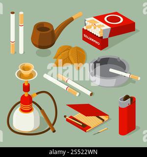 Isometric pictures of different accessories for smokers. Vector tobacco and pipe, addiction and unhealthy nicotine illustration. Isometric pictures of different accessories for smokers Stock Vector