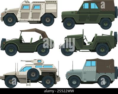 Colored pictures of military heavy vehicles. Military car transportation, transport auto for war, vector illustration. Colored pictures of military heavy vehicles Stock Vector