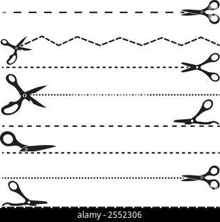 Pictures with scissors and cutting lines. Tools for design templates. Scissor black dividing dotted line. Vector illustration. Pictures with scissors and cutting lines. Tools for design templates Stock Vector