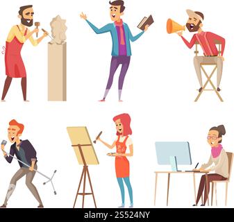 Different characters of creative professions. Vector pictures in cartoon style. Drawing artist, painter and singer, sculptor illustration. Different characters of creative professions. Vector pictures in cartoon style Stock Vector