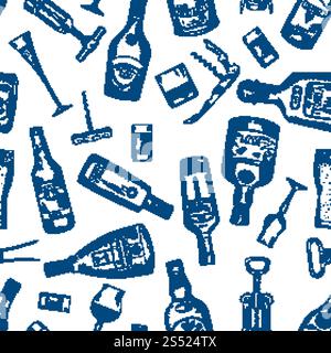 Hand drawn seamless pattern with various alcohol bottles. Vector cognac and whisky, absinthe and vodka, tequila and rum illustration. Hand drawn seamless pattern with various alcohol bottles Stock Vector
