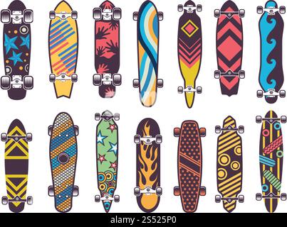Various colored patterns on skateboards. Collection of skateboard, illustration of skateboarding urban equipment. Various colored patterns on skateboards Stock Vector