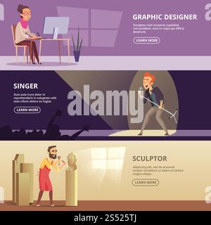 Horizontal banners set with illustrations of creative professions. Vector singer, sculptor and graphic designer. Horizontal banners set with illustrations of creative professions Stock Vector