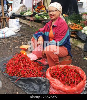 A woman selling fresh red chillies in a traditional wet market in Bukittinggi, West Sumatra, Indonesia. Stock Photo