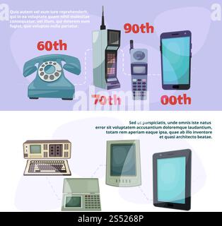 Visualization of technological progress. Banners set with different retro gadgets. Device gadget progress, retro phone and smartphone touchscreen. Vector illustration. Visualization of technological progress. Banners set with different retro gadgets Stock Vector