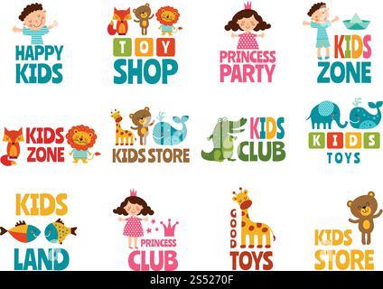 Different logos for kids with funny colored illustrations. Child area, playroom or store vector. Different logos for kids with funny colored illustrations Stock Vector