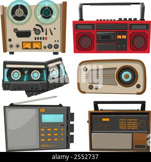 Vintage audio recorders isolated on white. Vector music audio, retro tape and recorder stereo illustration. Vintage audio recorders isolated on white Stock Vector