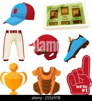 Vector various symbols of baseball. Illustration of baseball cap and trophy, scoreboard for tournament or championship. Vector various symbols of baseball Stock Vector