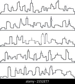 Skyline city. Building line of town. Outline urban vector cityscape set isolated. Cityscape architecture skyline, line illustration house. Skyline city. Building line of town. Outline urban vector cityscape set isolated Stock Vector