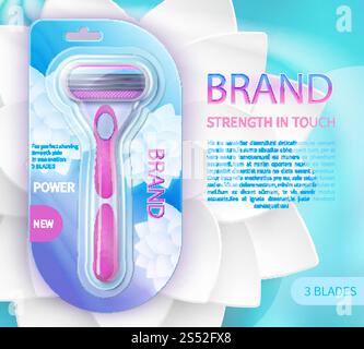 Sharp blade razor product vector ad poster. Packaging tool for shaver and hygiene, shave equipment product illustration. Sharp blade razor product vector ad poster Stock Vector
