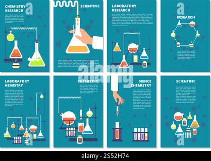 Chemistry laboratory testing. Pharmacy processing and science medical research lab. Vector book covers, brochure template. Illustration of pharmacy lab poster, medical test and research. Chemistry laboratory testing. Pharmacy processing and science medical research lab. Vector book covers, brochure template Stock Vector