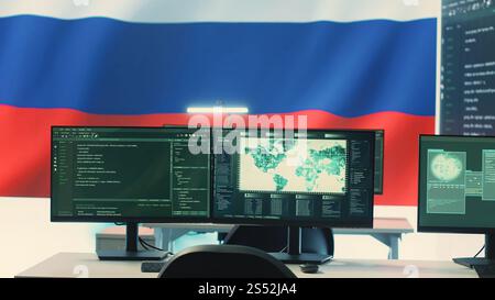 Governmental surveillance room showing a russian flag on big screen ...