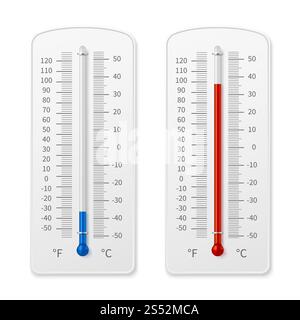 Meteorology indoor thermometer realistic vector illustration isolated. Temperature scale instrument, thermometer for weather. Meteorology indoor thermometer realistic vector illustration isolated Stock Vector