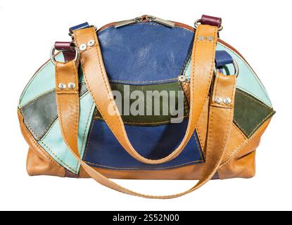 closed handmade patchwork leather multicolored handbag isolated on white background Stock Photo