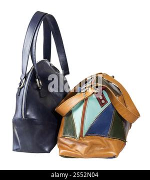 front view of two handmade leather handbags isolated on white background Stock Photo